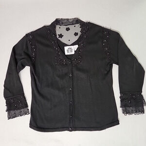 Storybook Knits M Black Cardigan Sweater French Lace Whimsigoth Frilly Feminine